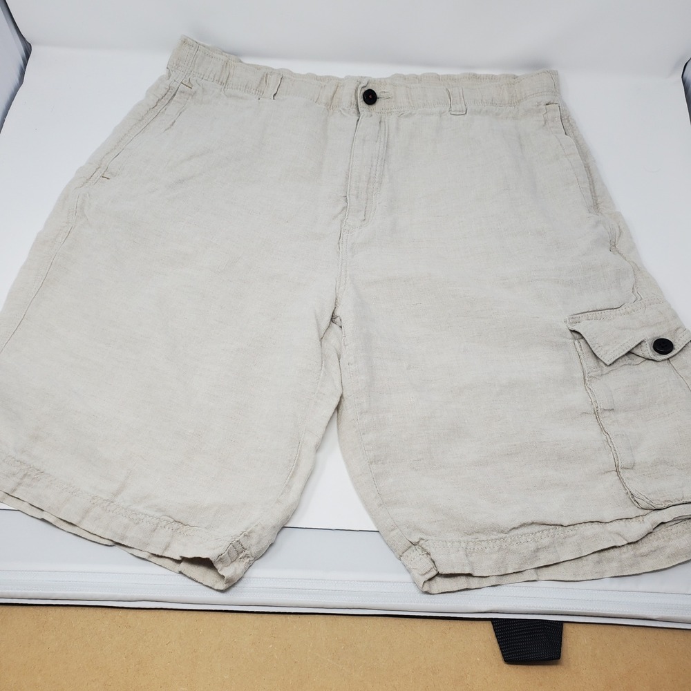 Tommy Bahama Shorts Mens M Relax Linen Beige Cargo Elastic Waist Drawstring